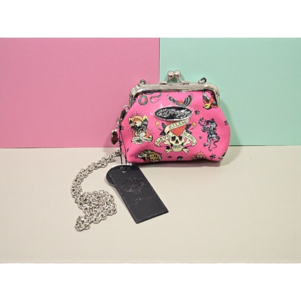 New Pink ED HARDY Mini Crossbody Chain Kiss Lock Coin Purse Charms Bag Crossbody